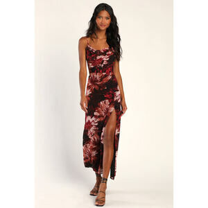 Lulus Flowery Passion Burgundy Floral Print Cowl Neck Midi Dress Red - Size S
